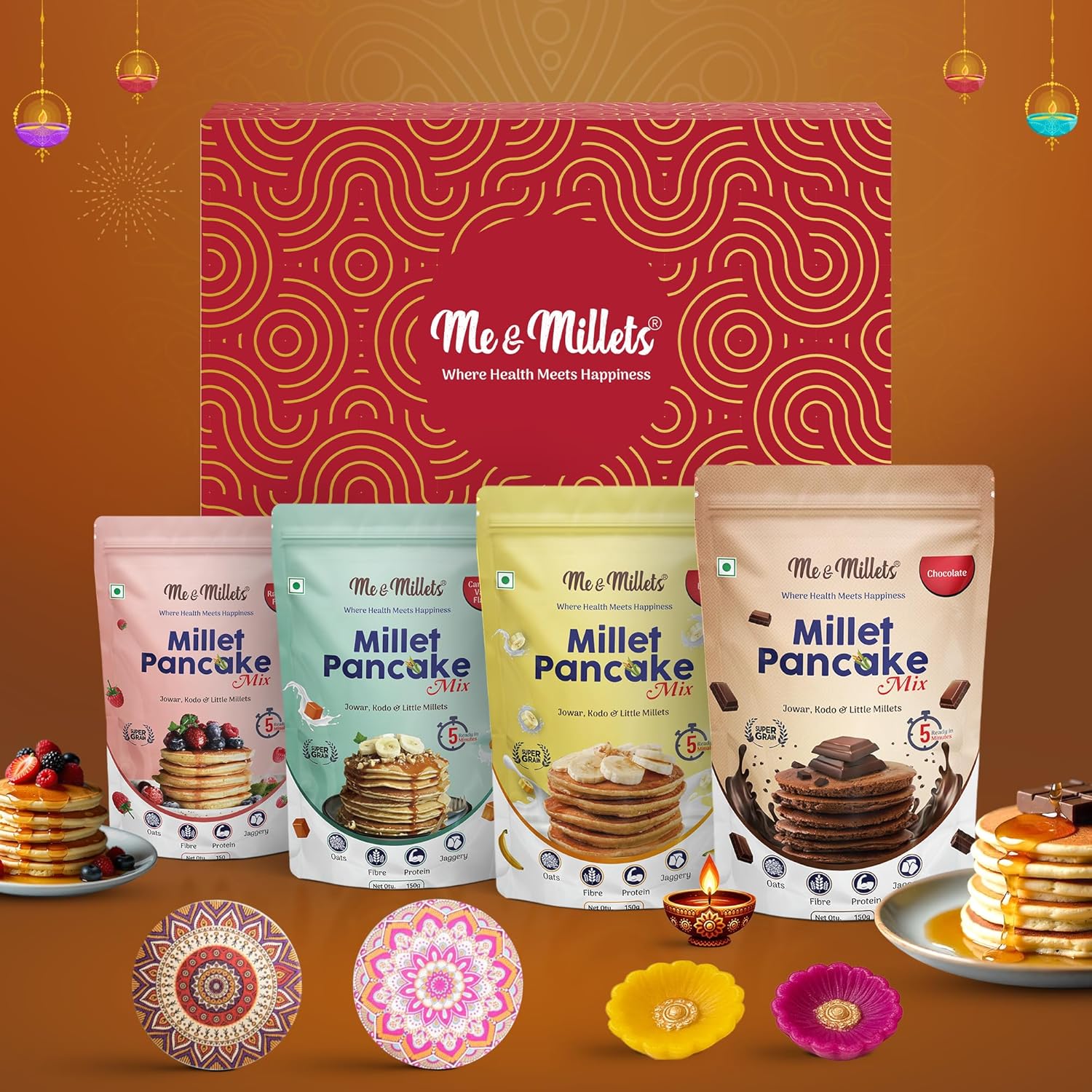 Me & Millets Pancake Mix Gift Pack (150g x4) 鈥 Caramel Vanilla, Banana, Raspberry, Chocolate | Jaggery Sweetened | No Maida | Eggless | Jain Friendly | Diwali Gift for Family, Friends & Corporate