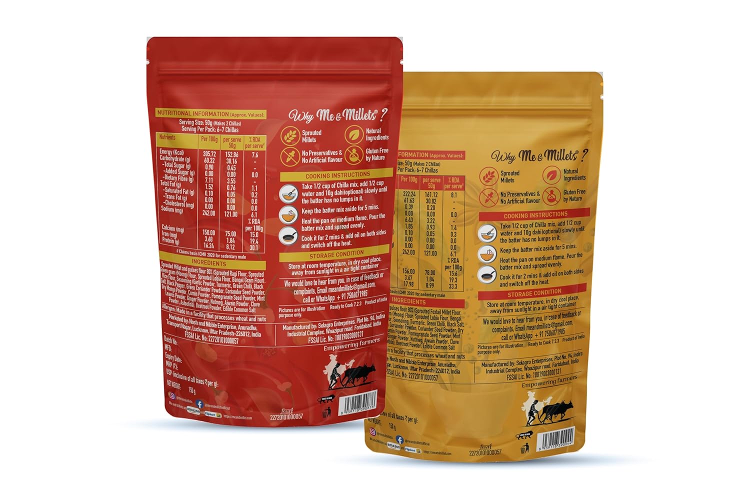 Me & Millets Sprouted Ragi Chilla & Foxtail Millet Chilla Mix Combo (150gX2) - Chatpata & Indian Masala, No Preservatives, Natural Healthy Protein & Fiber-Rich Breakfast For Family (Jain Friendly)