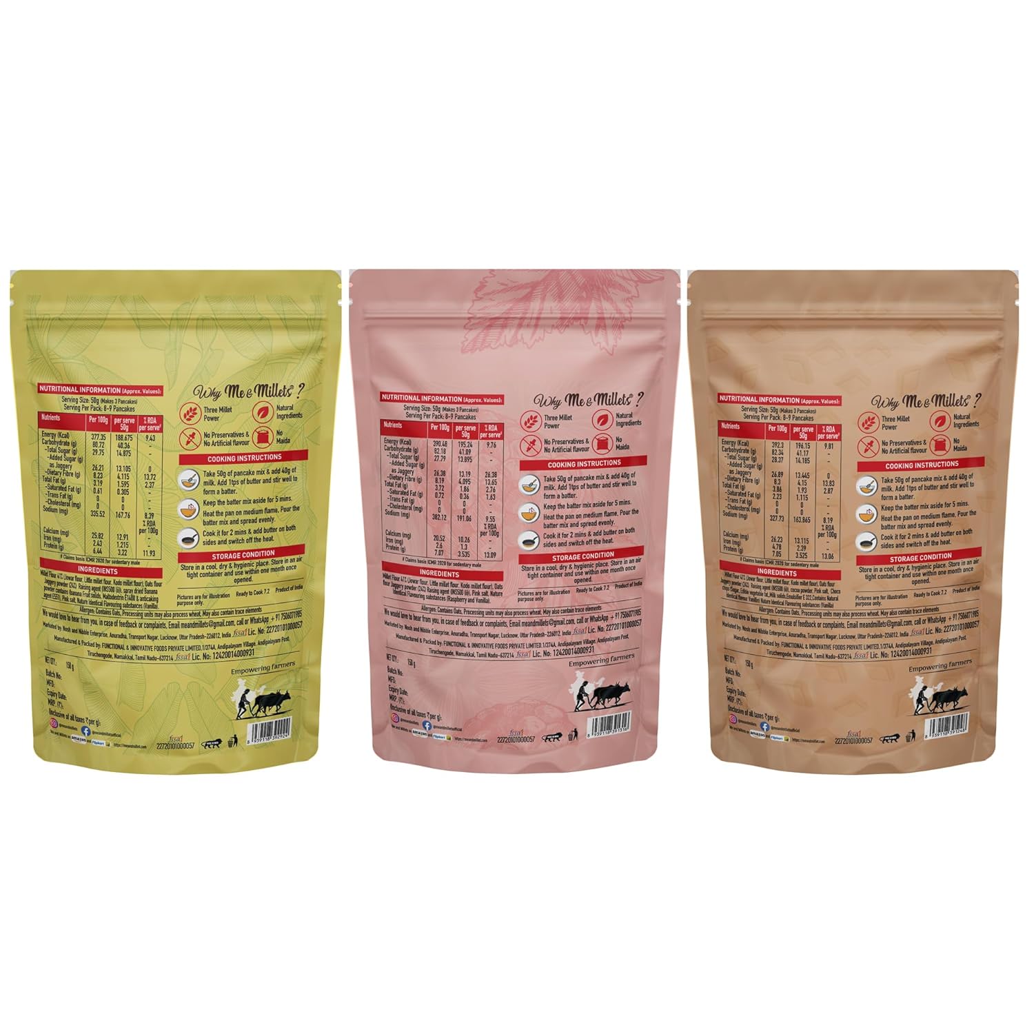 Me & Millets Millet Pancake Mix (150gX3) Banana, Raspberry & Chocolate, Sweetness Of Jaggery, No Maida, No Wheat, No Preservatives, Vegetarian, Eggless, Healthy Breakfast for Family (Jain Friendly)