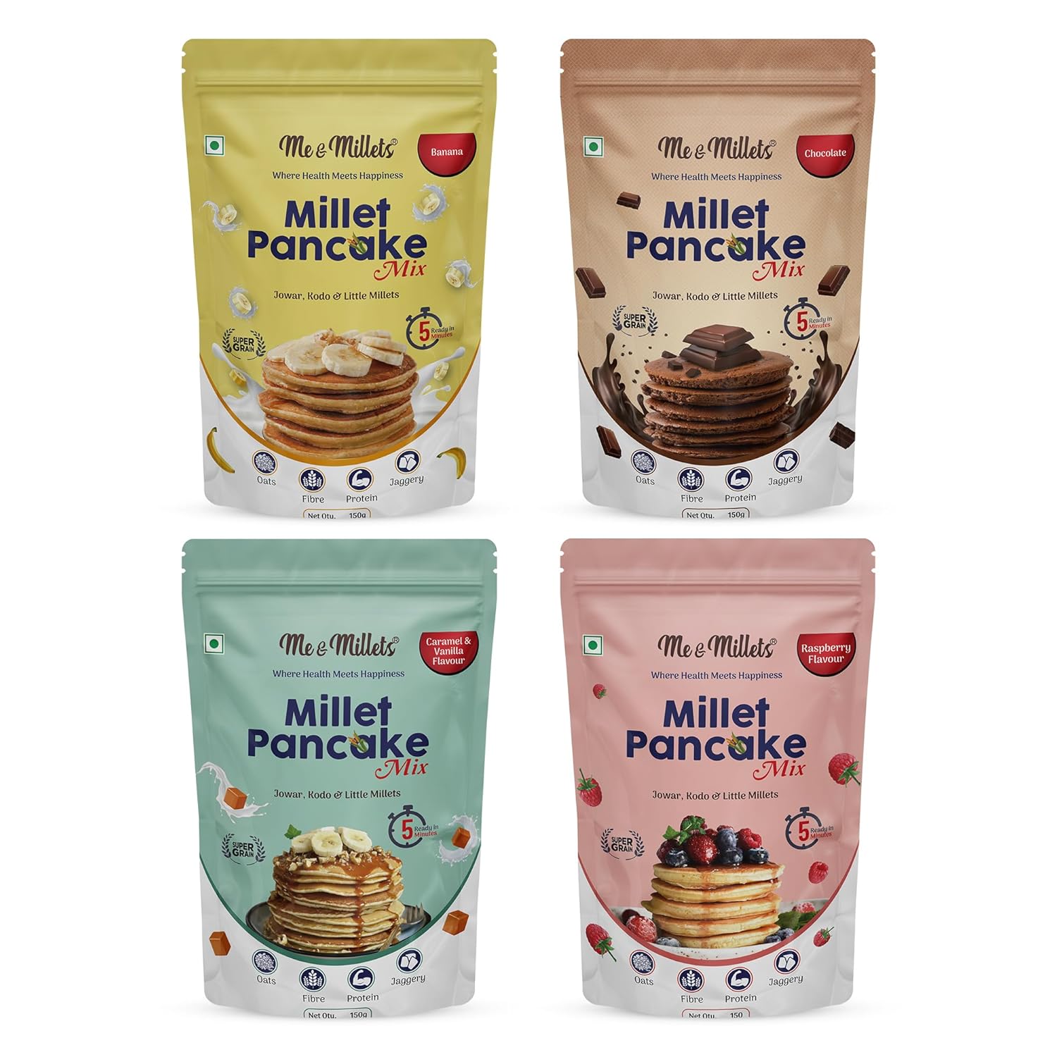 Me & Millets Millet Pancake Mix (150gX4) Caramel, Vanilla, Banana, Raspberry & Chocolate, Sweetness Of Jaggery, No Maida, No Preservatives, Veg, Eggless, Healthy Breakfast for Family (Jain Friendly)