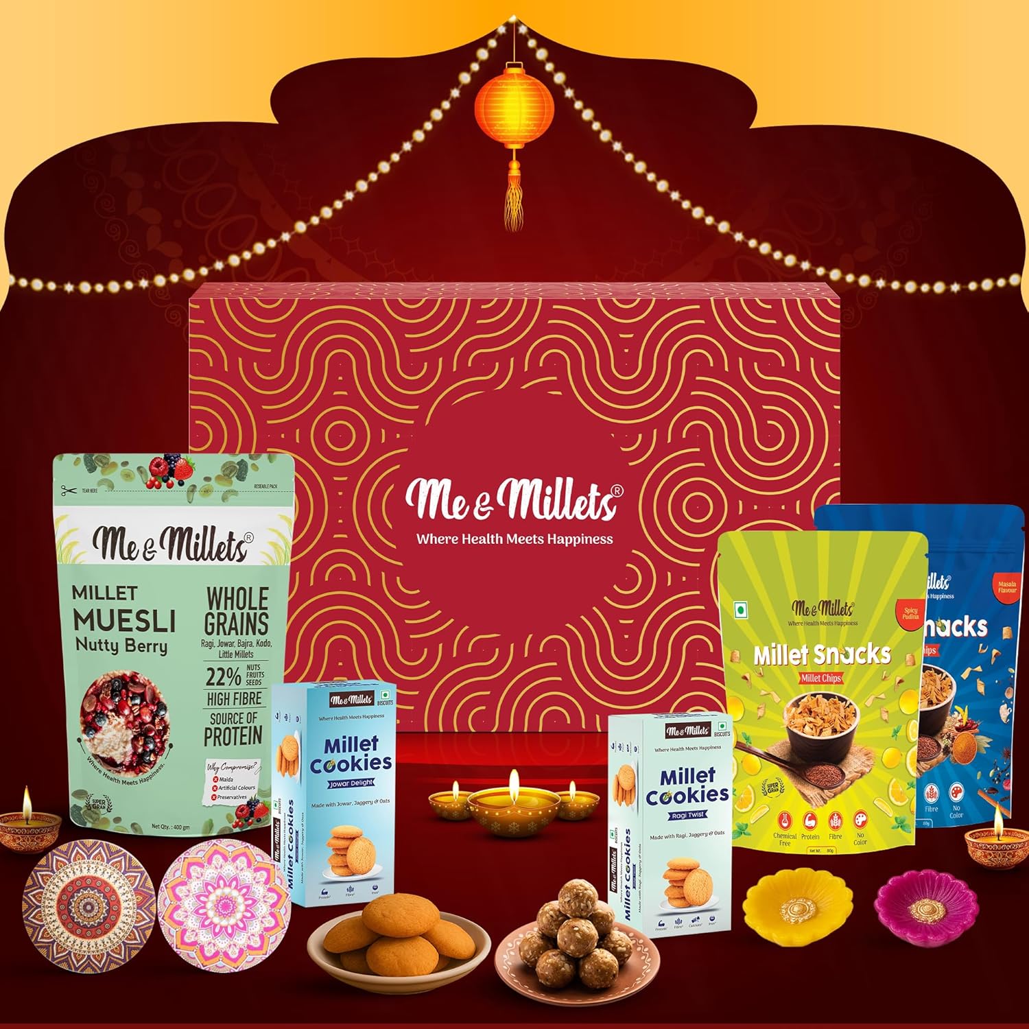 Me & Millets Gift Pack Ragi & Jowar Cookies(75g x1 each), Pudina & Masala Chips(80g x1 each), Millet Muesli (Berry & Nuts, 400g) | High Protein & Fiber | No Maida | Diwali Gift for Family & Friends