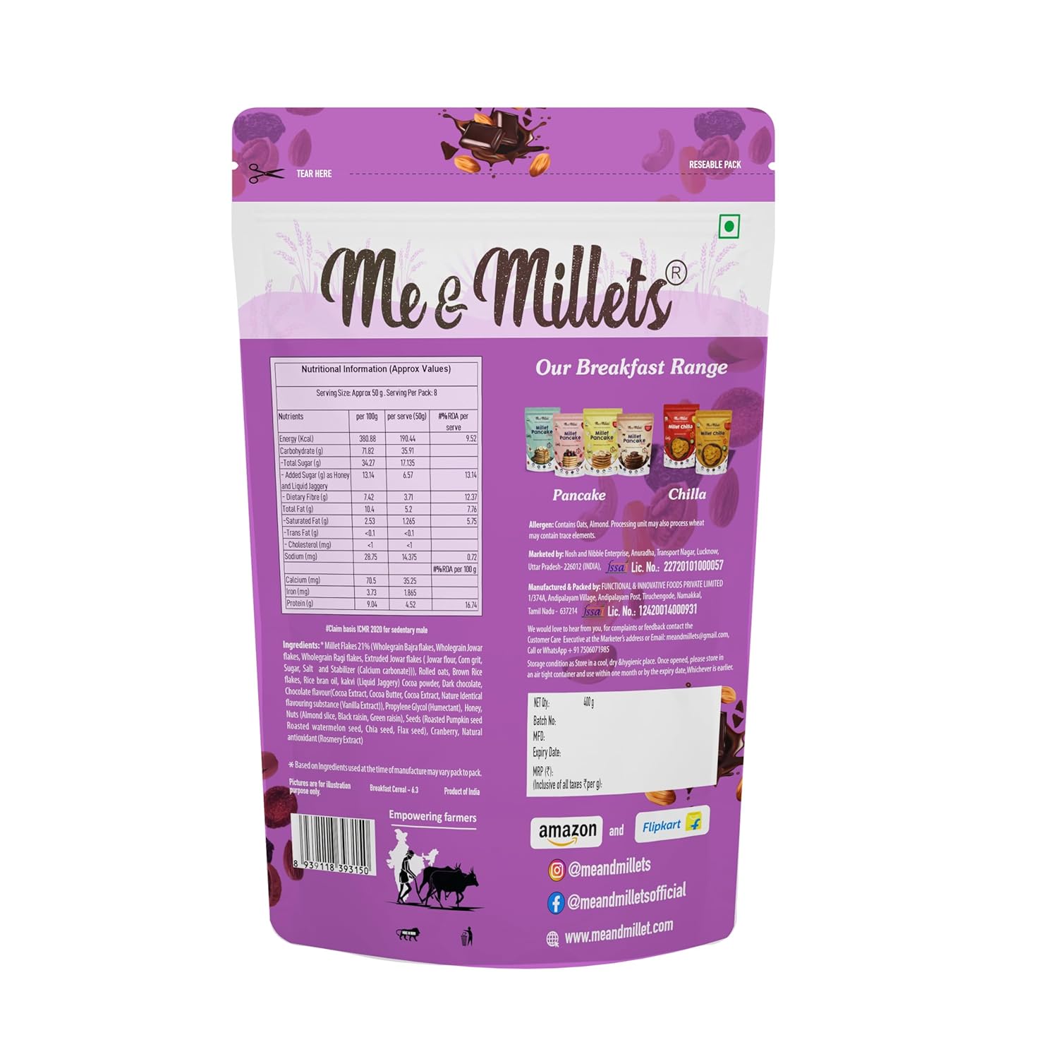 Me & Millets Millet Muesli Chocolate and Nuts (400 g) - Rich In High Protein & Fibre, Millet Muesli With Oats & Nuts (Jain Friendly)
