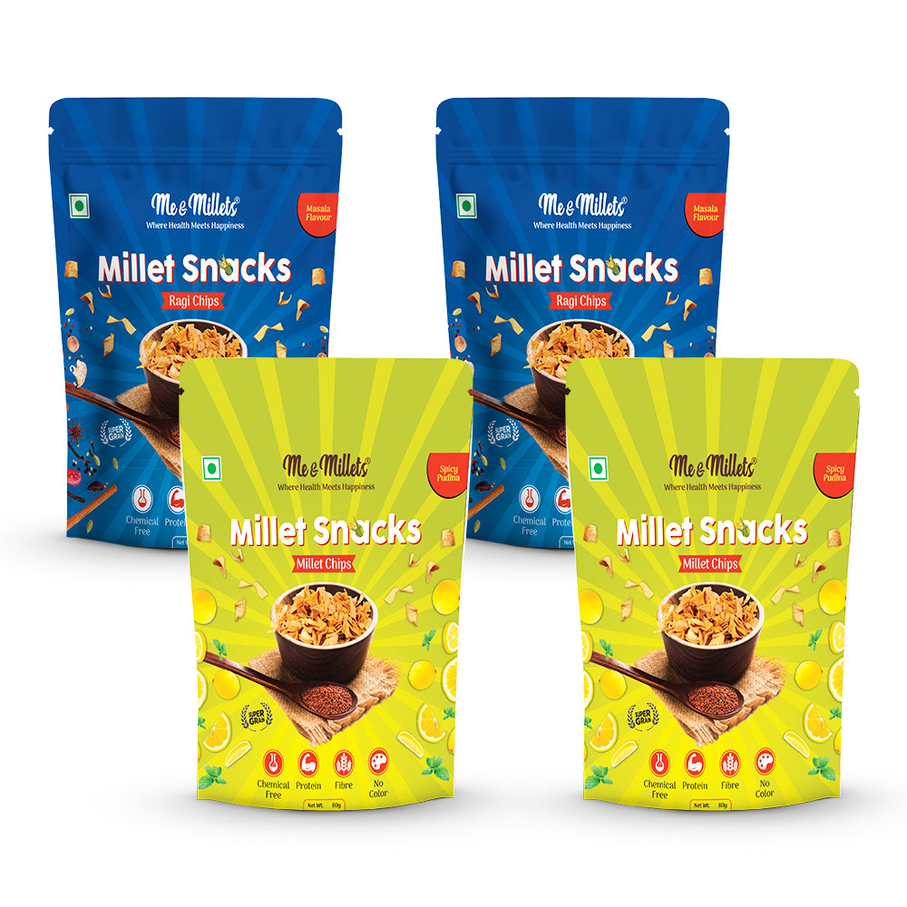 Me & Millets Ragi Chips (Pack of 4, Each 80G) Masala & Spicy Pudina Flavor Combo, Healthy & Tasty Multi-Millet Chips, No Maida, Source of Protein & Fiber, Ready to Eat Snacks